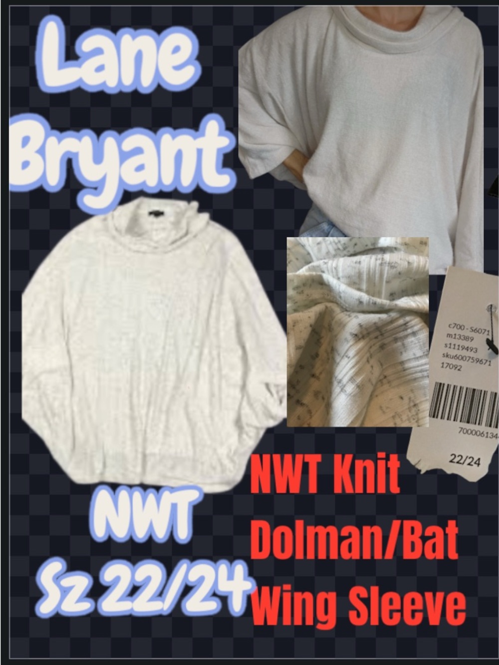 LOWEST🌺NWT LANE BRYANT 22/24 WHITE KNIT COWL NECK DOLMAN/ BATWING TOP